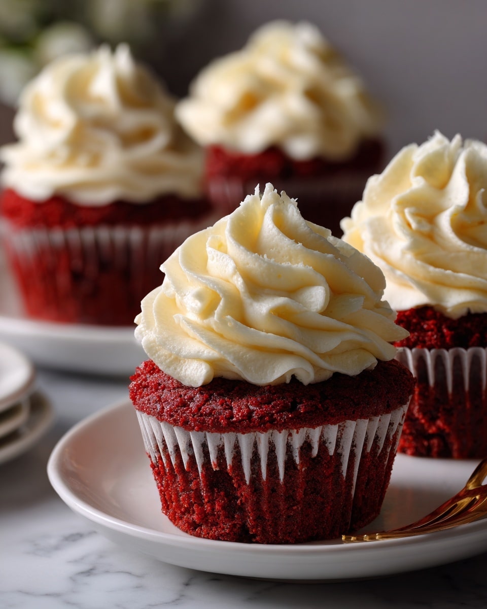 Four red velvet cupcakes sit on a white plate on a white marbled surface. Each cupcake has one layer of rich, deep red cake that looks soft and moist, wrapped in a ridged paper liner. On top of each cake is a thick swirl of creamy white frosting, smooth and shiny, with soft peaks that give a fluffy texture. The frosting spirals upwards in a neat, tall mound, contrasting well with the red cake below. Photo taken with an iphone --ar 4:5 --v 7