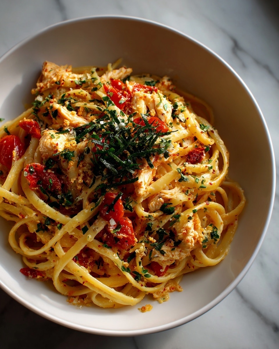 A bowl filled with creamy spaghetti noodles coated in a light orange sauce, mixed with chunks of white meat and bright red tomato pieces spread evenly throughout. Fresh green herbs are sprinkled over the top, adding a touch of color against the creamy pasta. The white bowl sits on a white marbled surface. photo taken with an iphone --ar 4:5 --v 7