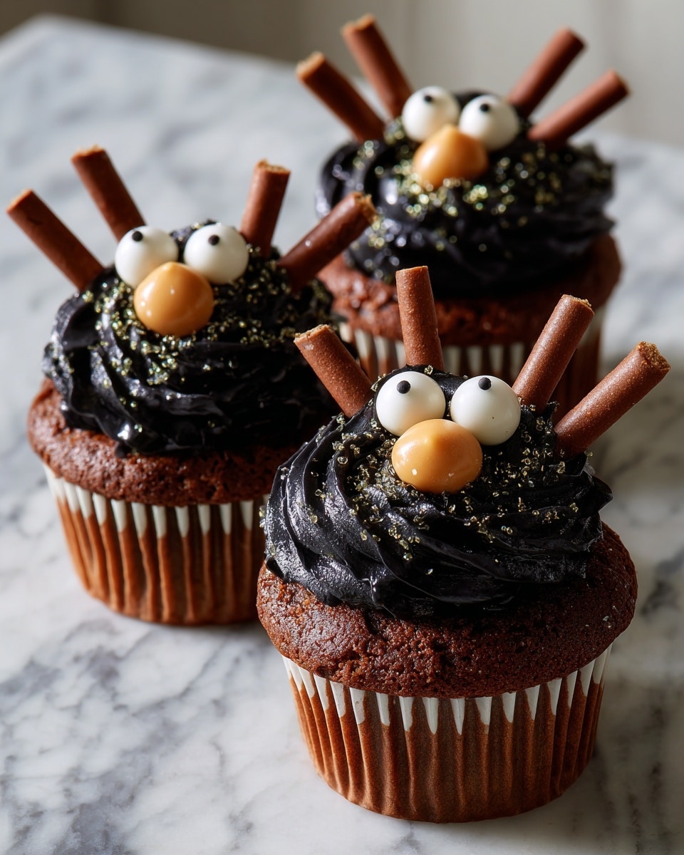There are three dark chocolate cupcakes, each topped with thick swirls of shiny black frosting sprinkled with white powder. On top of each frosting swirl, there is a spider decoration made from six brown stick-like legs, two white round eyes with black dots, and two small orange round candies positioned as the spider’s mouth. The cupcakes are in white paper liners and are placed on a dark textured surface. The background is dark and blurry, making the cupcakes the main focus. photo taken with an iphone --ar 4:5 --v 7