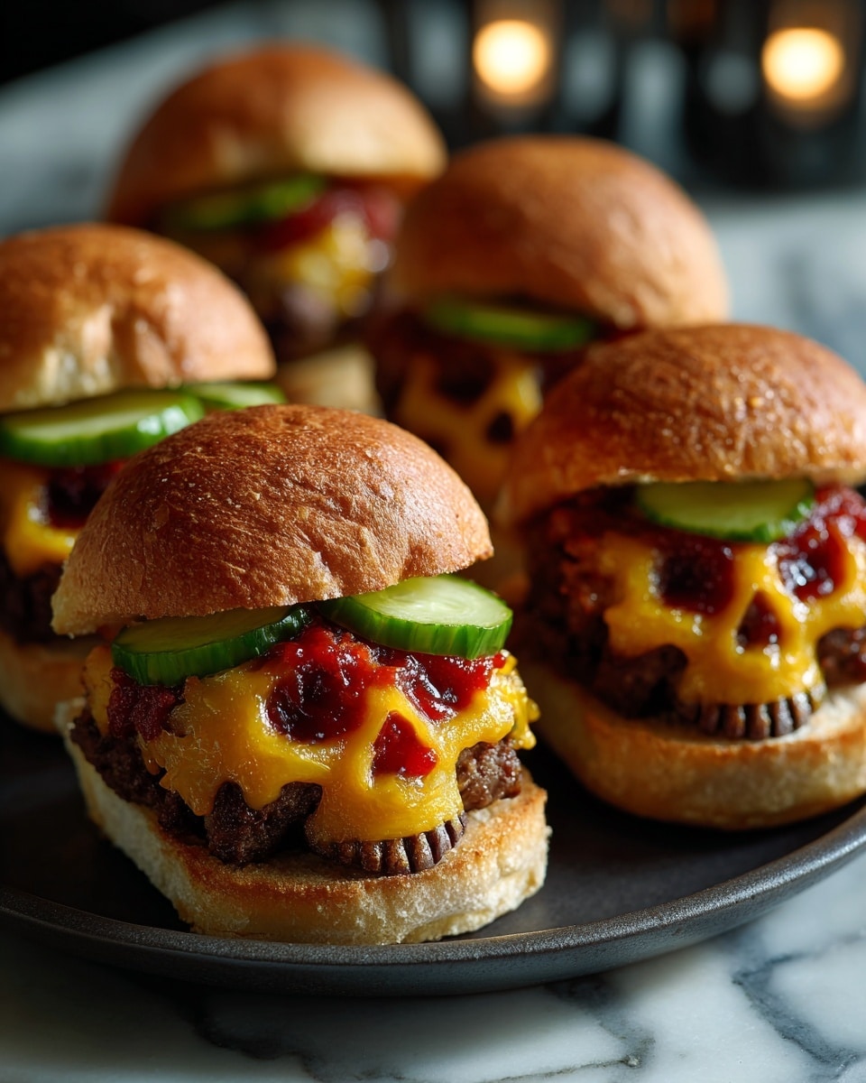 The image shows four small burgers shaped like skulls, each made with a soft golden bun on top and bottom. The skulls are formed with melted bright yellow cheese that drips over a brown grilled beef patty, creating detailed eye sockets filled with red ketchup and tooth shapes at the bottom. On top of each bun, there is a small swirl of ketchup with two green pickle slices placed neatly. The burgers sit on a dark round metal tray, and the background features a blurred container of ketchup. The overall scene is set on a white marbled surface. Photo taken with an iphone --ar 4:5 --v 7