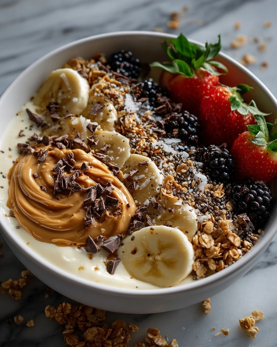 A white bowl filled with a creamy light beige smoothie base topped with five banana slices on the right side, two halved strawberries with green leaves near the top right, and two blackberries beside the strawberries. Swirled peanut butter covers the left half of the bowl with small dark chocolate chunks scattered on it. A line of granola runs down the center, separating the banana slices on the right from the peanut butter on the left. Small chia seeds are sprinkled mostly on the right side of the granola and banana slices. The bowl sits on a white marbled surface with scattered granola pieces around it. photo taken with an iphone --ar 4:5 --v 7