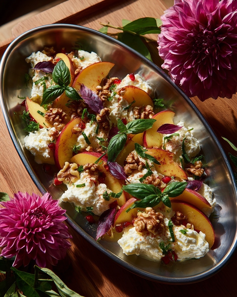 A wooden board holds one whole peach with a soft reddish-orange skin, surrounded by several bright yellow peach slices showing red centers and juicy texture. The peach slices are arranged in a scattered manner, some stacked gently, with a green leafy sprig placed near them. On the right side of the board, there is a large, full pink dahlia flower with many petals creating a rounded shape. The board sits on a white marbled surface, adding contrast to the warm colors of the peach slices and flower. photo taken with an iphone --ar 4:5 --v 7