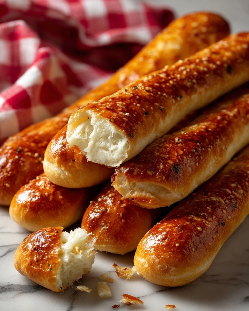 The image shows a pile of golden brown breadsticks, some sprinkled with herbs, stacked closely together. One breadstick in the front is broken, revealing its soft white inside. The breadsticks sit on a red and white checkered cloth, which is placed on a wooden board. In the bottom left corner, part of a white bowl filled with red sauce is visible, and in the bottom right corner, there is some green lettuce. The whole setup is on a white marbled surface. photo taken with an iphone --ar 4:5 --v 7