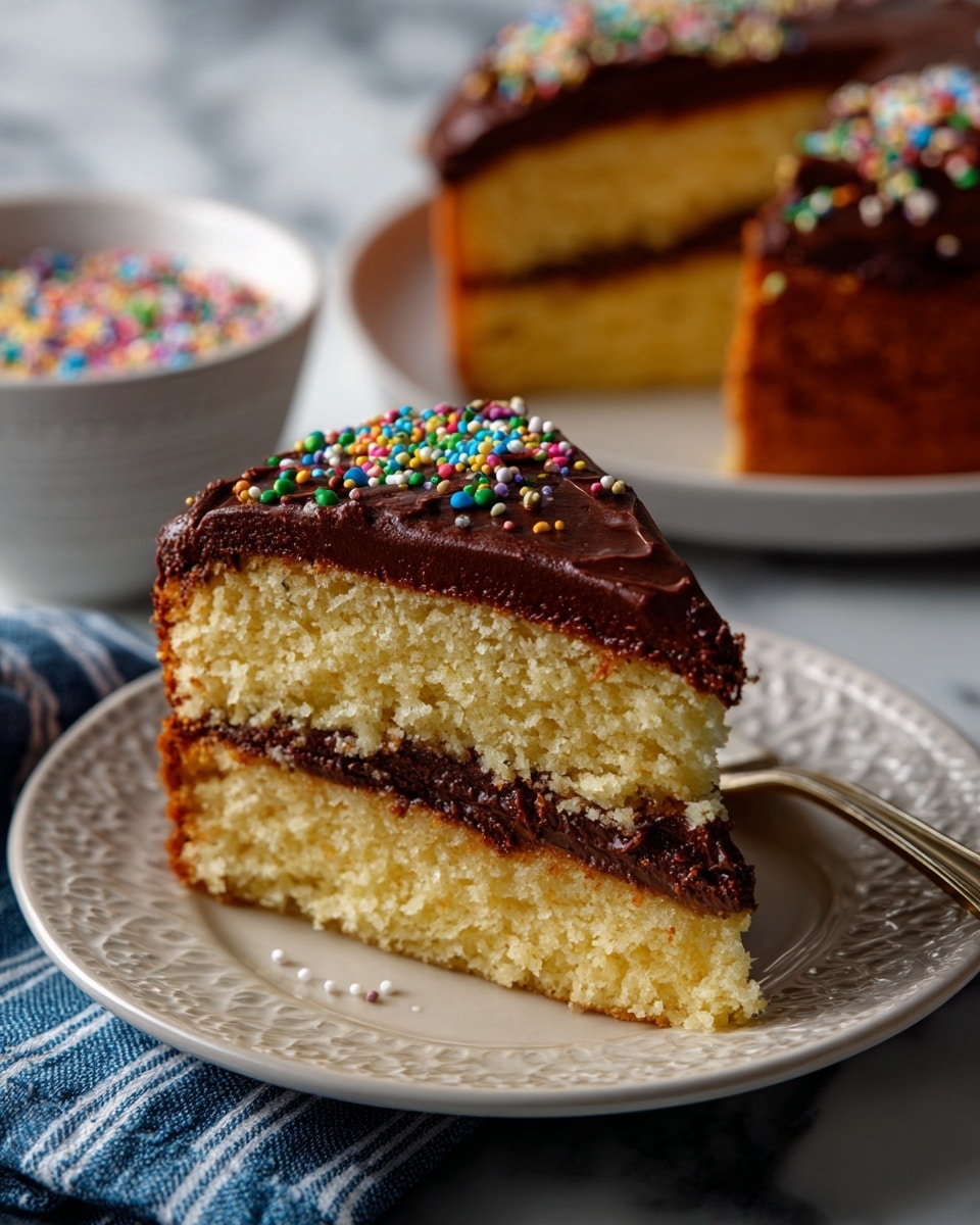 A slice of two-layer yellow cake with light, fluffy texture is on an ornate white plate. There is a thick, smooth, dark chocolate frosting layer between the cake layers and covering the top and sides. The top edge of the frosting is decorated with small round colorful sprinkles in pink, purple, yellow, green, and blue. The plate sits on a white marbled surface with some more colorful sprinkles in a white bowl nearby and a blue and white striped cloth to the side. Photo taken with an iphone --ar 4:5 --v 7