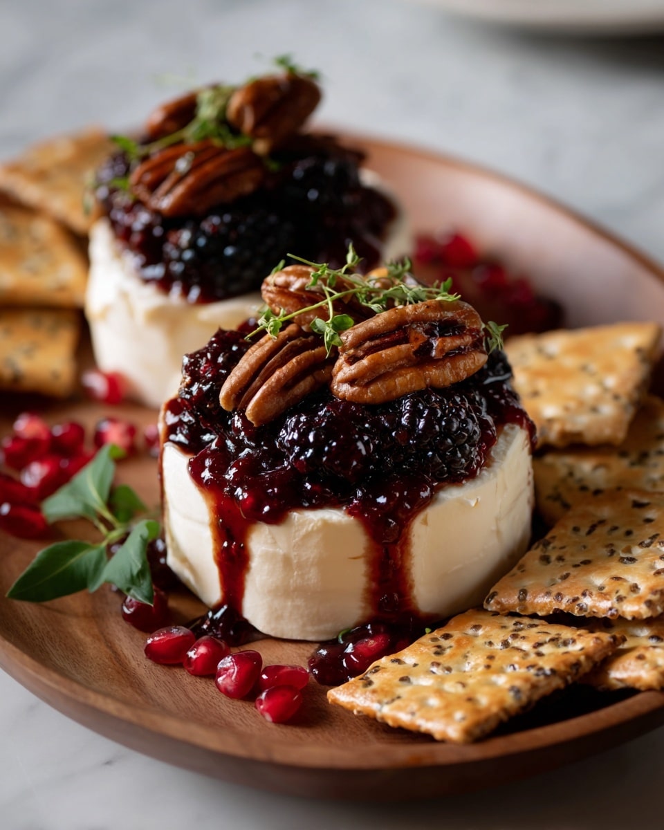 Two round cheese wheels are on a white plate with a white marbled background. Each cheese wheel has three visible layers: a smooth white rind on the outside, a soft creamy yellow layer beneath it, and a thick deep purple berry jam layer on top. The jam is topped with dark brown pecans, black blackberries, and red pomegranate seeds scattered around. Fresh green thyme sprigs are placed on top of each cheese wheel. To the left of the cheese wheels, there are small square crackers with dark spots. The plate is surrounded by green leaves. Photo taken with an iphone --ar 4:5 --v 7