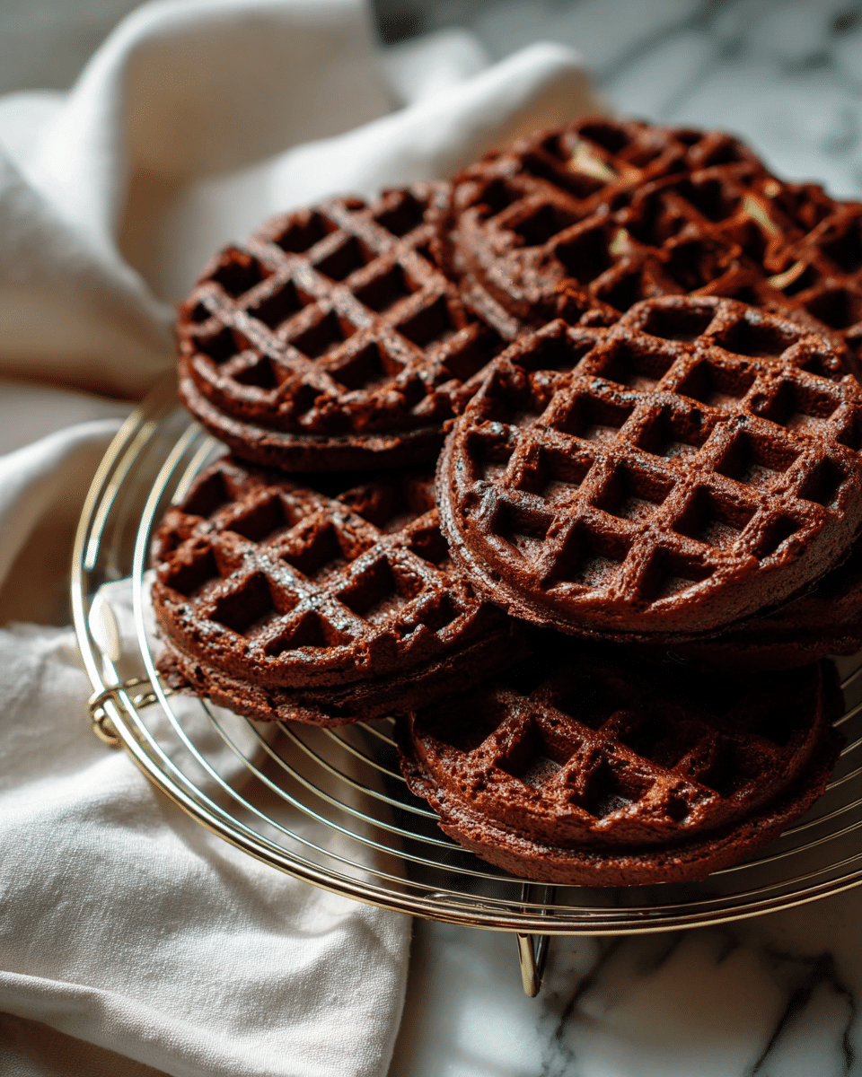 The image shows four dark brown chocolate waffles resting on a silver wire cooling rack. The waffles have a grid pattern with deep, square pockets and a slightly crisp, textured surface. The rack sits on a white cloth that is spread over a white marbled surface, giving a soft contrast to the rich color of the waffles. The scene is well-lit and focuses closely on the waffles, highlighting their round shape and chocolatey texture. photo taken with an iphone --ar 4:5 --v 7