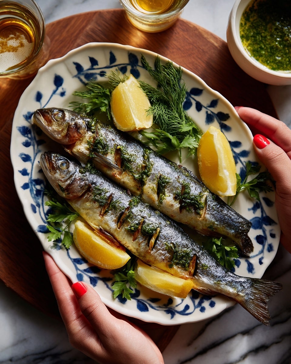 Two whole branzino fish with shiny silver-gray scales lie side by side on a metal tray filled with crushed ice, showing their full bodies from head to tail. To the left, a wooden cutting board holds six bright yellow lemon slices stacked in a neat row, two lemon halves placed below, and two peeled garlic cloves near the bottom. A small glass bottle of golden olive oil is positioned above the board. On the right side, fresh green parsley and dill sprigs add a pop of color on the white marbled surface. Two empty white plates with brown rims rest stacked at the bottom right corner photo taken with an iphone --ar 4:5 --v 7