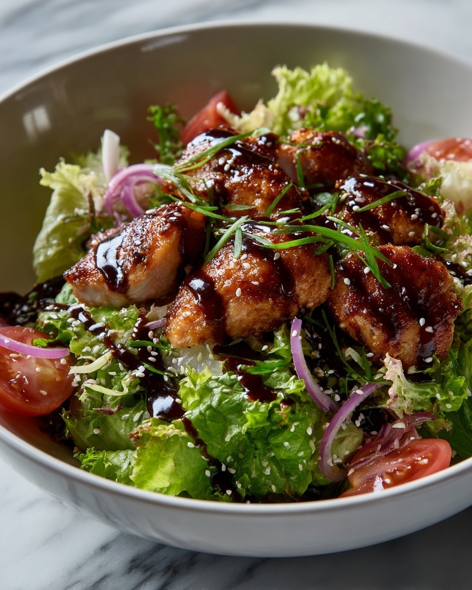 The image shows a white bowl filled with a fresh salad that has several layers. The bottom layer is bright green leafy lettuce mixed with light green shredded cabbage. On top of this base, there are thin slices of red bell pepper and thin strips of purple onion scattered around. The main focus is the pieces of cooked chicken in the middle, which are light golden brown with a slightly crispy texture. These chicken pieces are covered with a thick, shiny dark brown sauce, spread unevenly. A few green chopped spring onions and a small number of white sesame seeds are sprinkled on the top, adding contrast. The bowl rests on a white marbled surface. photo taken with an iphone --ar 4:5 --v 7
