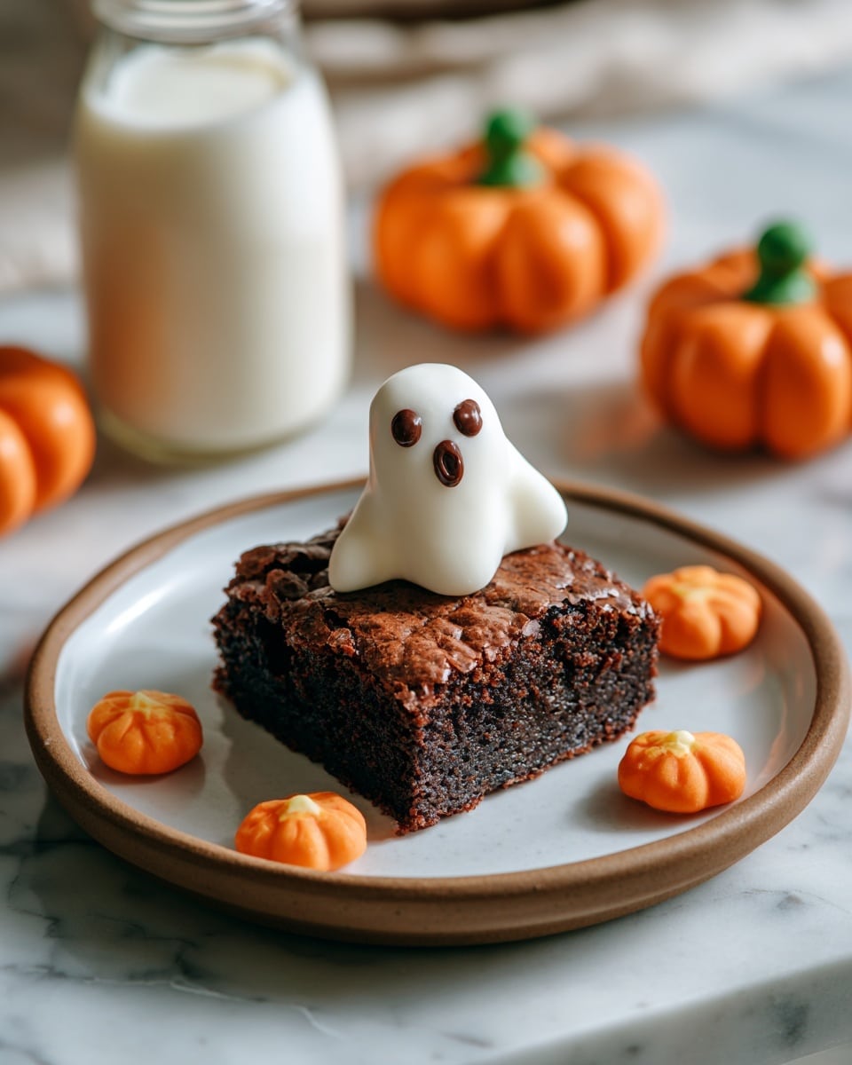 A white plate with a brown brownie square sits on a white marbled surface. On top of the brownie, there is a white marshmallow shaped like a ghost with two small round brown eyes and a round brown mouth. Around the plate, there are three small orange pumpkin candies with green tops. The background is dark gray and blurred. A clear bottle partially filled with milk is seen on the right side. Photo taken with an iphone --ar 4:5 --v 7