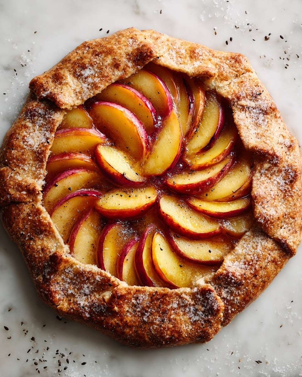 A round galette with a golden-brown crust that is folded unevenly around the edges, sprinkled with coarse sugar crystals. Inside, there are slices of yellow peach with reddish skin arranged in a layered, circular pattern covering the filling. The peach slices appear soft and slightly shiny from baking, with some slices overlapping each other. The crust has a rough texture and looks crispy, showing small cracks and a rustic homemade feel. The galette sits on a white marbled surface. photo taken with an iphone --ar 4:5 --v 7