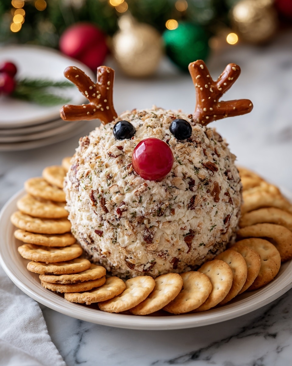 A round cheese ball covered in chopped nuts sits in the middle of a white plate with a white marbled surface. It has two twisted brown pretzels stuck into the top as antlers. Two black olives are placed side by side on the front as eyes, and a small red tomato is placed below them as a nose. Around the cheese ball, there is a neat layer of round beige crackers arranged in a curved line. In the background, more pretzels and crackers are softly blurred with hints of green leaves and a red object. photo taken with an iphone --ar 4:5 --v 7