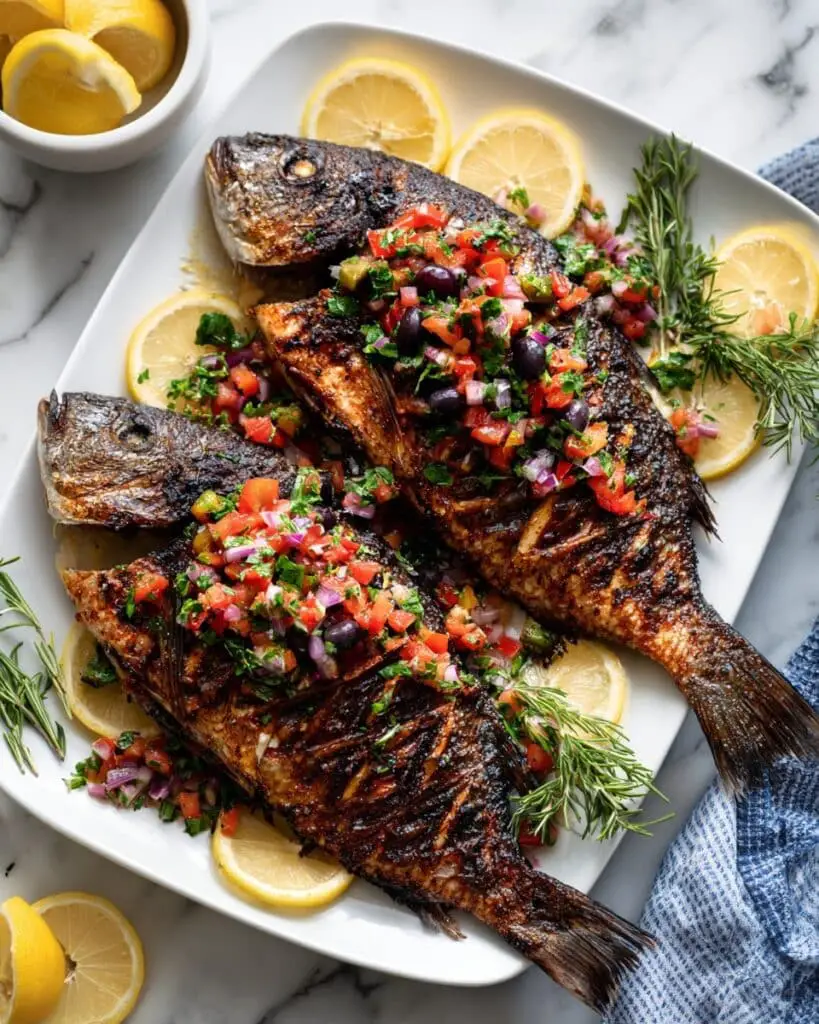Grilled Branzino with Tomato-Olive Salsa Recipe