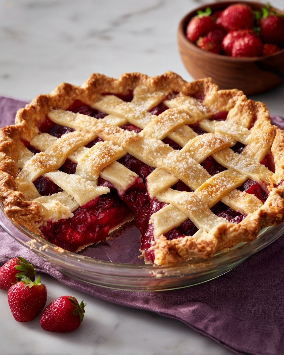 A slice of strawberry pie is placed on a round white plate with a white marbled texture surface beneath it. The pie has three main layers: a bottom golden-brown crust, a middle bright red strawberry filling with visible strawberry pieces, and a top lattice crust that is crisp and golden-brown. On top of the pie slice sits a scoop of smooth, creamy white vanilla ice cream with soft ridges. In the background, a woman’s hand holds a silver fork near the plate, and the edge of the remaining pie in a white pie dish is blurred. Photo taken with an iphone --ar 4:5 --v 7