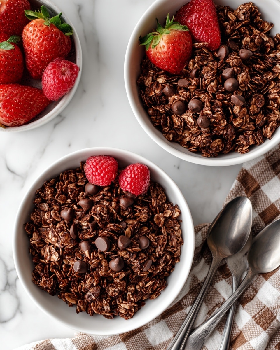 Two white bowls filled with dark brown chocolate granola mixed with small black chocolate chips sit on a white marbled surface. One bowl is in the center, filled to the brim with chunky textured granola showing oats and melted chocolate, while the other bowl is positioned near the top right corner with a similar amount of granola. To the left, there is a small white bowl with gold trim holding bright red strawberries and raspberries. Below and to the right, two silver spoons rest on a pale blue and white checkered cloth. A few granola pieces are scattered casually on the surface near the bottom left. The photo taken with an iphone --ar 4:5 --v 7