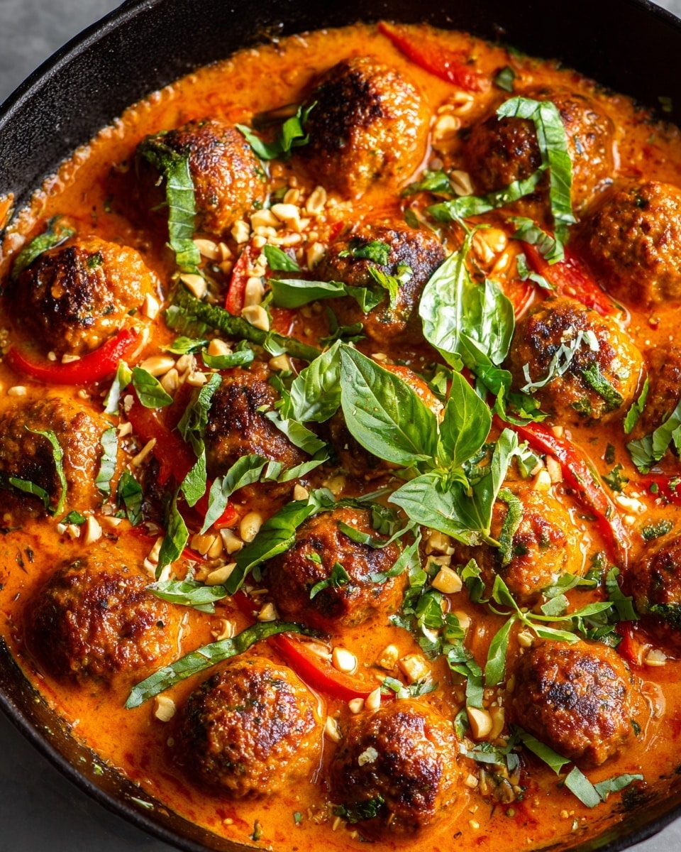 A white plate with a serving of white rice positioned at the top right side. Below the rice, there are four light brown meatballs covered in a thick orange-red sauce with smooth texture. Thin slices of red bell peppers sit among the meatballs, partially submerged in the sauce. A few green basil leaves and cilantro leaves are scattered on top alongside some light beige peanuts. One meatball is opened to show a crumbly inside and rests on a silver fork placed on the right side of the plate. The plate is set on a white marbled surface. Photo taken with an iphone --ar 4:5 --v 7