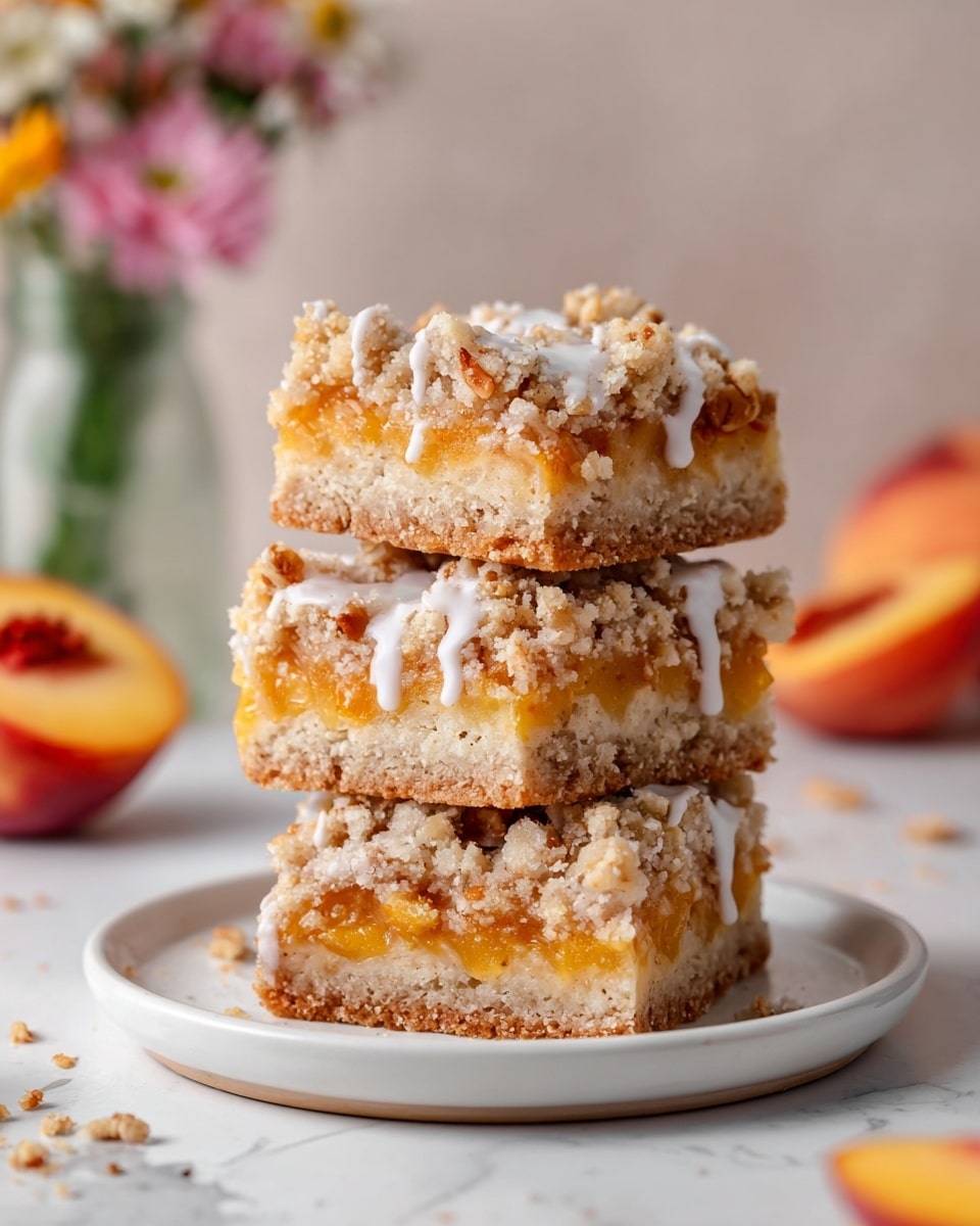 The image shows several square bars arranged on a white marbled surface. Each bar has three layers: the bottom layer is golden brown and crumbly, the middle layer is a soft, bright orange peach filling seen peeking through, and the top layer is a light brown oat and nut crumble with sliced almonds sprinkled throughout. White glaze is drizzled in thin lines over the top of all the bars, adding a glossy contrast. A sliced peach is partially visible at the top right corner on the same white marbled surface. photo taken with an iphone --ar 4:5 --v 7