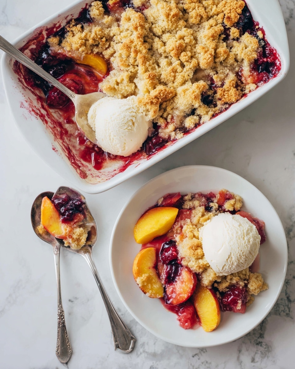 This image shows a baked fruit cobbler in a white ceramic baking dish with a golden brown, crumbly crust layer on top. Underneath the crust, there is a deep purple and red fruit filling made of berries and peach slices, which looks juicy and soft. Two scoops of melting white vanilla ice cream sit on the crust, blending slightly with the fruit juices. A silver spoon with some of the fruit and cream is resting inside the dish. Beside it, on a white plate on a white marbled surface, there is a serving of the cobbler, showing the same layers with the crust on top, the colorful fruit filling underneath, and a bit of melted ice cream. photo taken with an iphone --ar 4:5 --v 7