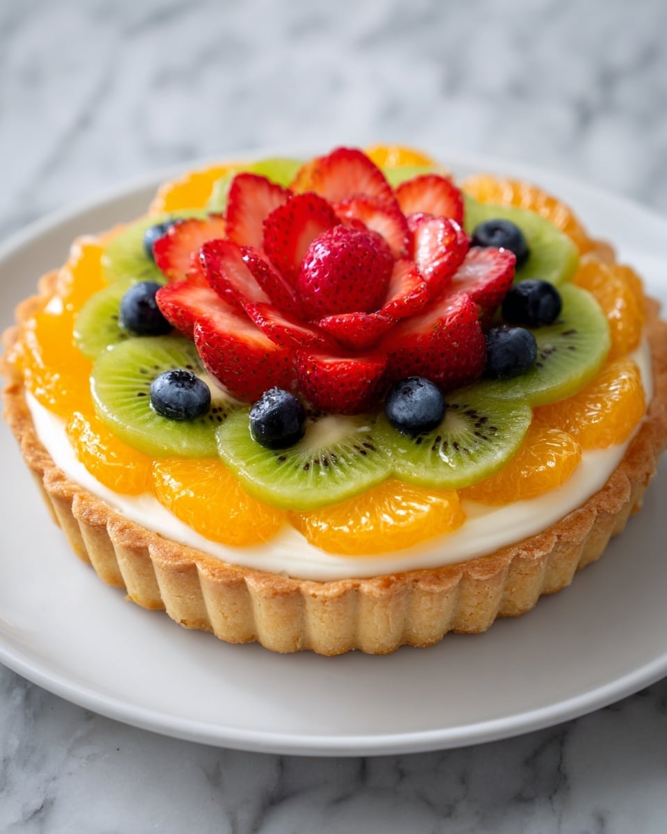 A fruit tart with four main layers: the bottom layer is a light tan pastry crust with a scalloped edge; above it is a thick white cream layer spread evenly; the third layer is a ring of bright green kiwi slices arranged closely around the cream’s edge; inside the kiwis is a ring of shiny orange mandarin slices; in the center are bright red strawberry pieces topped with a cluster of dark blue blueberries and some red raspberries. The tart sits on a white plate, all on a white marbled surface, with a glass of clear sparkling water nearby and some strawberries partly visible at the top. photo taken with an iphone --ar 4:5 --v 7