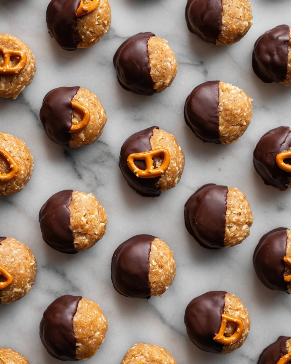 The image shows many small peanut butter bites topped with mini pretzels, partially dipped in smooth, dark chocolate. Each bite has three layers: a thick peanut butter base that is light brown, a small golden pretzel piece sitting on top, and a shiny dark chocolate coating covering about half of the pretzel and peanut butter from one side. The bites are placed close together on a white marbled surface, arranged in neat rows spreading into the background. The lighting highlights the glossy texture of the chocolate and the crunchy look of the pretzels. Photo taken with an iphone --ar 4:5 --v 7