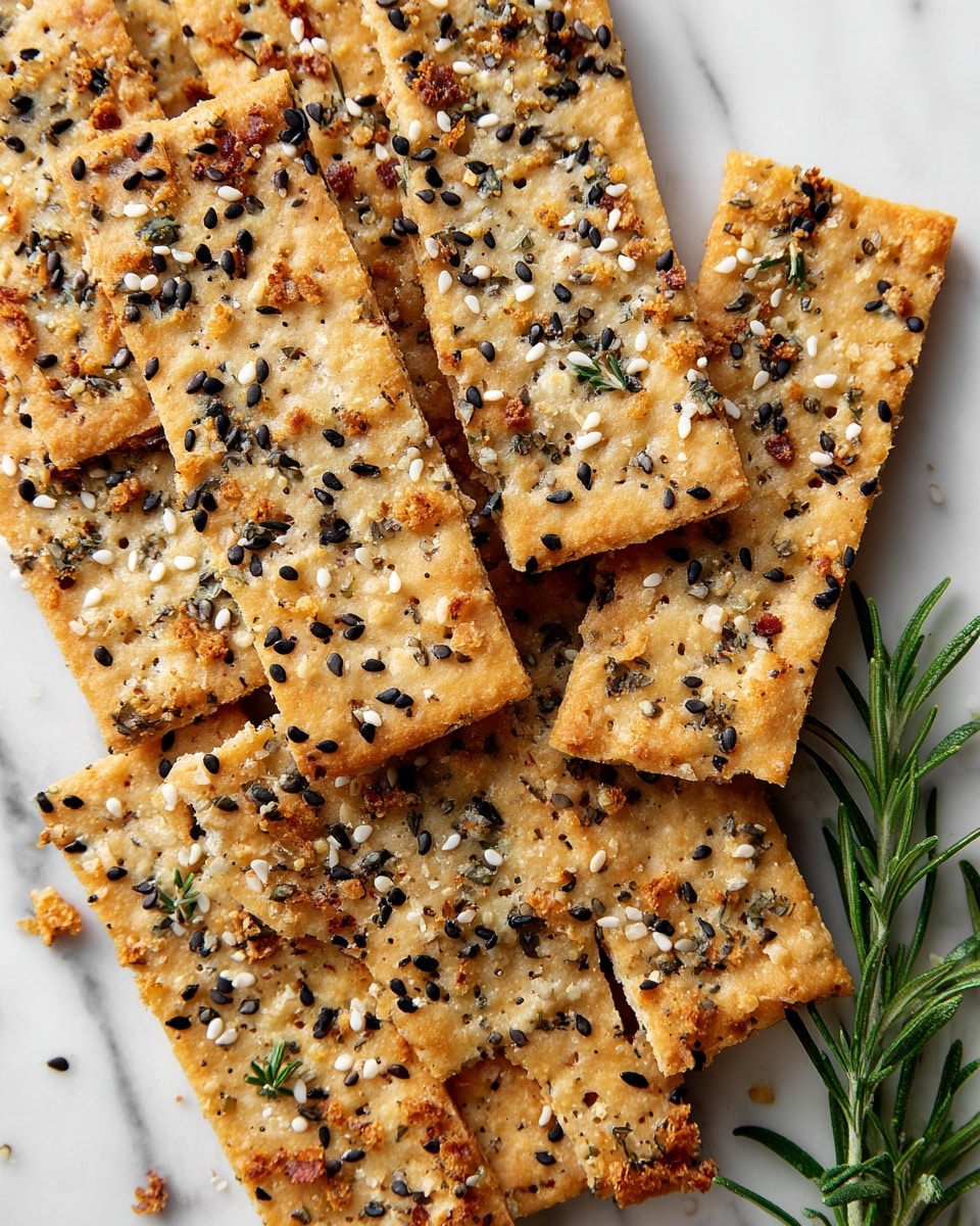 The image shows a large number of thin, rectangular crackers scattered close together on a white marbled surface. The crackers are golden-brown in color, with a slightly crispy texture and uneven edges. Their tops are sprinkled with different toppings, including white sesame seeds, black seeds, coarse salt crystals, and dried herbs, adding varied textures and colors in small clusters. A few crackers have small green herb leaves on top, and there is a small sprig of green rosemary in the bottom right corner, adding a fresh touch to the scene. The overall look is rustic and crunchy. photo taken with an iphone --ar 4:5 --v 7