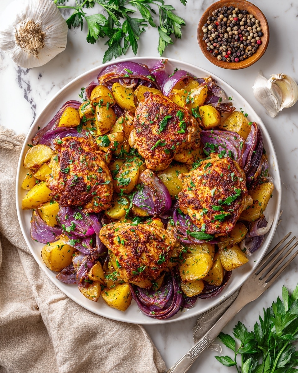 A round white plate is filled with three pieces of golden-brown grilled chicken on top of many chunked yellow roasted potatoes with some purple roasted onion wedges scattered in between. The chicken and potatoes are sprinkled with fresh green chopped parsley, adding a bright touch. The plate sits on a white marbled surface with a textured gray cloth on the left and a small wooden bowl of mixed black and golden peppercorns at the top. Fresh leafy green parsley is visible on the top right corner and a silver fork is placed on the bottom right side of the image. Photo taken with an iphone --ar 4:5 --v 7
