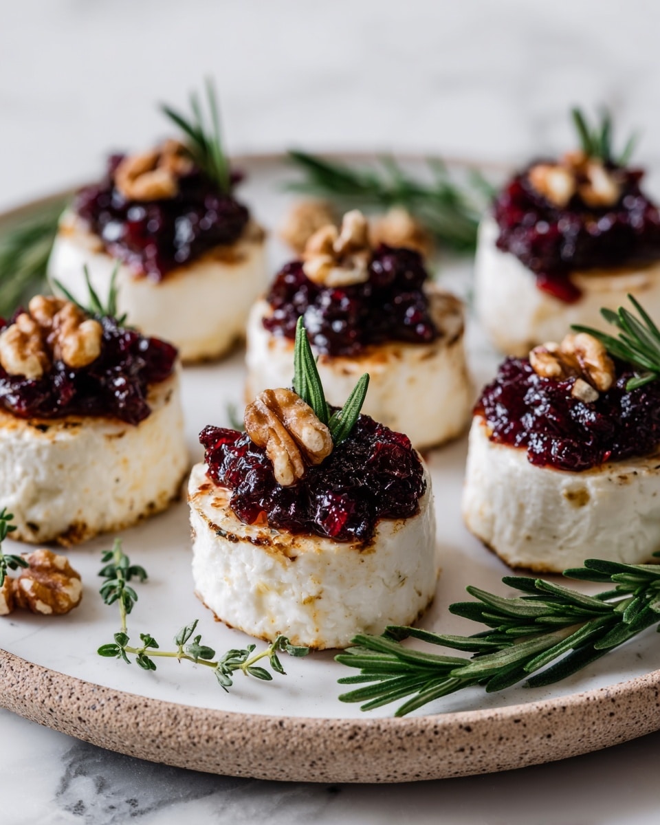 The image shows six small round cheese cakes with a golden-brown crust on the outside, placed on a white plate. Each cheese cake has a dark red berry jam layer on top, with a walnut piece resting on the jam. Around the cheese cakes, there are small green herbs and several whole walnuts scattered on the plate. Some green rosemary sprigs lay underneath the cheese cakes, adding a fresh touch to the arrangement. The plate is on a white marbled surface, giving a clean and bright background. photo taken with an iphone --ar 4:5 --v 7