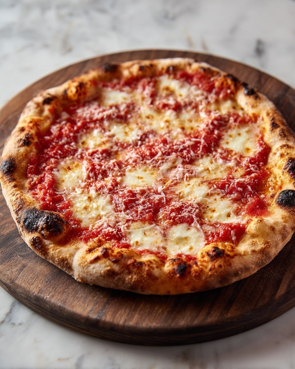 A round pizza with a thick, puffed-up golden crust that has some dark, charred spots, placed on a wooden board on a white marbled surface. The pizza shows one main layer of bright red tomato sauce topped unevenly with melted creamy white cheese that has browned in places, giving a bubbly and slightly melted texture. The crust edges are golden and crisp with some blackened bubbles from baking. Photo taken with an iphone --ar 4:5 --v 7