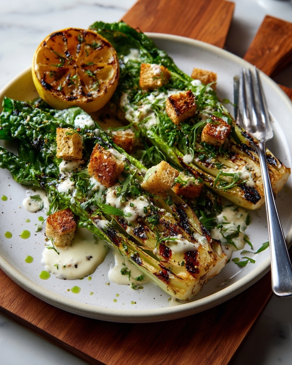 The image shows a dish with three layers of grilled romaine lettuce halves placed side by side on a big white plate. The lettuce is lightly charred with visible grill marks, showing a mix of bright green outer leaves and pale, tender inner leaves. On top of the lettuce are many golden brown croutons scattered unevenly, adding a crunchy texture. There is a drizzle of white creamy sauce over the lettuce, sprinkled with black pepper and grated cheese. At the bottom left of the plate lies a small grilled lemon half, darkened with grill marks. Around the plate, there are small white bowls with extra croutons, grated cheese, and seasoning, all set on a white marbled surface. Nearby, there are two gold forks placed side by side. Photo taken with an iphone --ar 4:5 --v 7