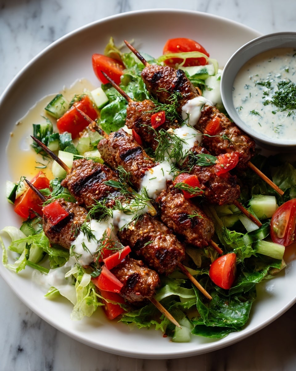 A white plate with five grilled meat skewers placed in a fan shape across a bed of bright green leaves. The skewers are covered with thin zigzag lines of white sauce. Around the leaves, there are scattered chunks of fresh cucumber pieces with pale green skin and red tomato wedges. On the left side of the plate, there is a small white bowl with a creamy white sauce that has green herb specks. The whole plate is set on a white marbled surface. photo taken with an iphone --ar 4:5 --v 7