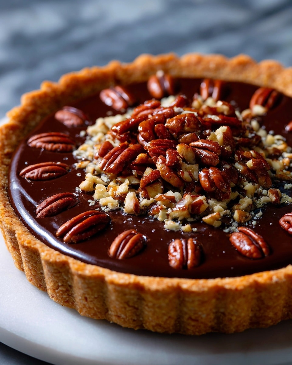 A round tart with a golden brown crust edges the dessert, holding a smooth, glossy dark chocolate layer in the middle. On top of the chocolate, two layers of pecans are arranged: the outer layer has whole pecan halves neatly placed in a circle, and the inner layer has a mix of chopped pecans spread over the center. The tart rests on a white marbled surface. photo taken with an iphone --ar 4:5 --v 7