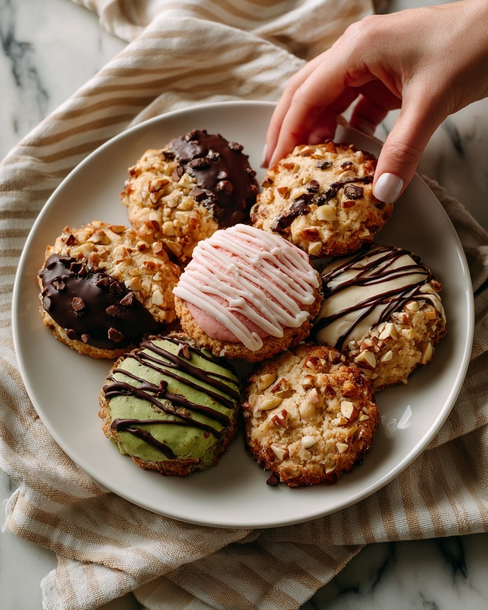 A white plate holds seven cookies arranged in a circle. Two cookies are half-dipped in dark chocolate with a caramel layer in the middle and crushed nuts on the chocolate side. One cookie is pink with white drizzle lines on top. Another cookie is light beige with dark chocolate drizzle and white drizzle crossing it, with small dark cookie crumbs on the surface. One cookie is green with dark chocolate chunks, half-dipped in dark chocolate showing a smooth texture. The last two cookies are light brown with a rough texture and small nut pieces. The plate sits on a white marbled surface with a beige and white striped cloth underneath. A woman's hand is about to reach for a cookie. photo taken with an iphone --ar 4:5 --v 7