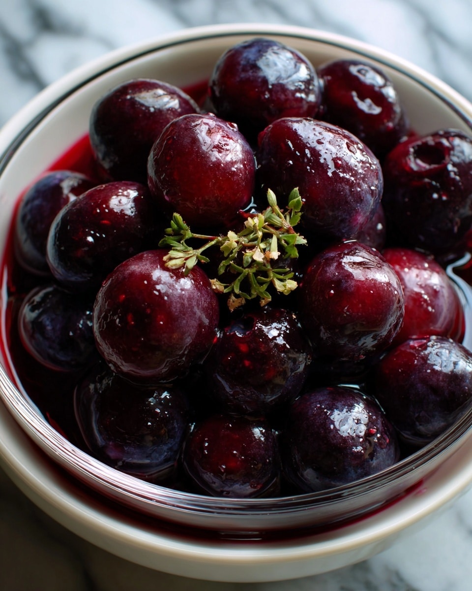 A close-up top view of a white bowl filled with dark purple blueberries soaked in purple juice, with the juice staining the inner sides of the bowl and pooling at the bottom center, showing a slightly shiny, wet texture on the blueberries and a rich liquid that varies in deep purple shades. The background features a white marbled texture. Photo taken with an iphone --ar 4:5 --v 7