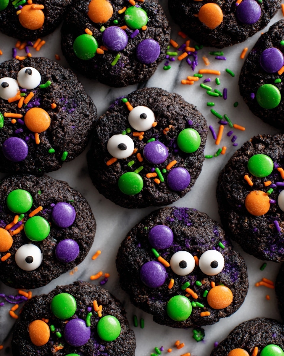 The image shows several dark chocolate cookies spread on a dark surface, each decorated with bright candy pieces and colorful sprinkles. Each cookie has two layers of round candy eyes on top, surrounded by green, orange, and purple round candies forming a face-like pattern. The cookies are also covered with orange, purple, and green sprinkles that add texture and color. Two small white bowls are filled with vibrant purple, green, and orange round candies and multi-colored sprinkles, placed among the cookies. The dark cookies contrast sharply with the bright candies, giving a fun and festive look. Photo taken with an iphone --ar 4:5 --v 7