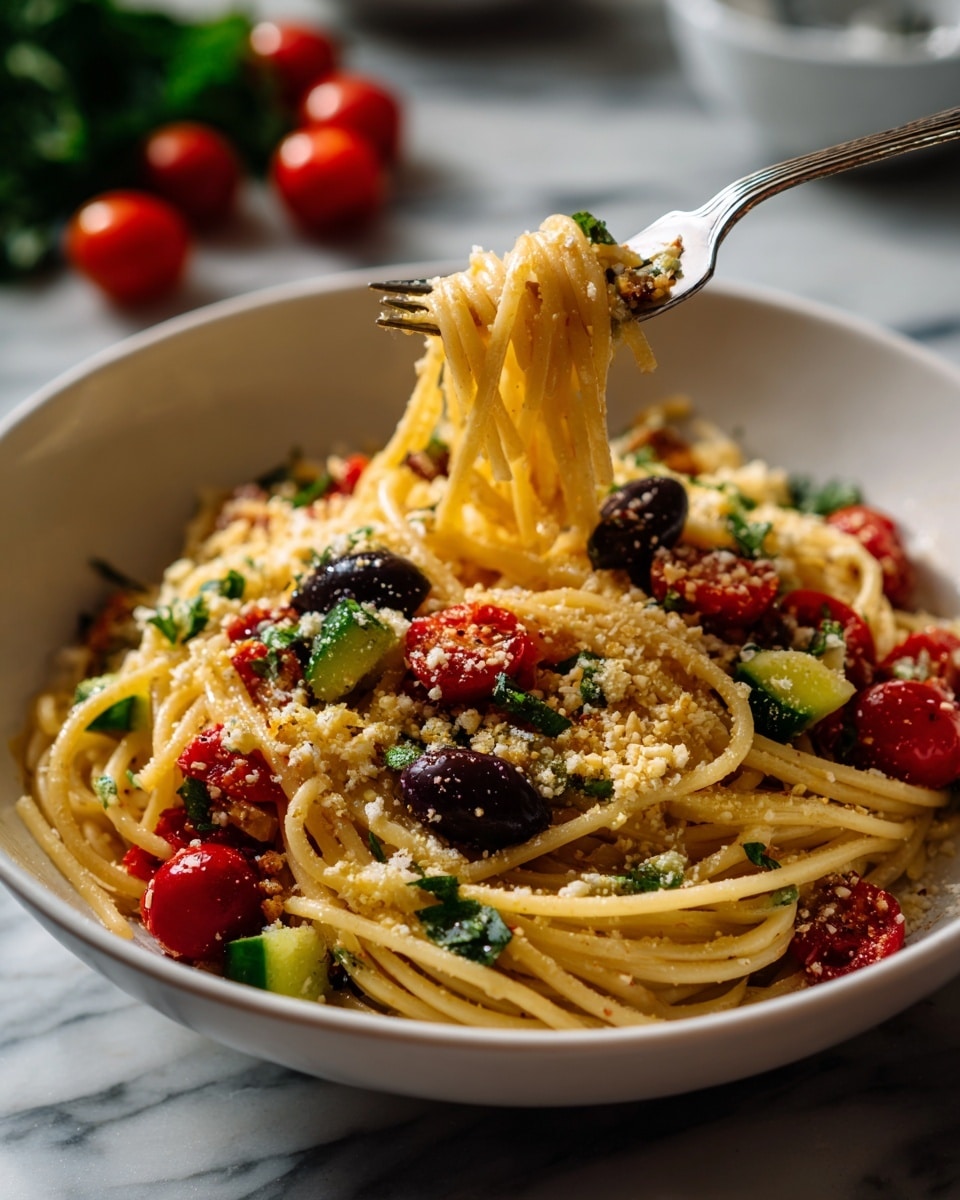 A white bowl filled with a colorful spaghetti salad sits on a white marbled surface. The salad has three main layers: long, pale yellow spaghetti noodles form the base, mixed with chopped bright red cherry tomatoes, diced green cucumbers, and shiny black olive slices. Small bits of purple onion and red bell pepper are scattered throughout, adding pops of color. The salad looks fresh, with a light sprinkle of crumbled white cheese and green herbs on top. A metal fork stands upright in the bowl, ready to twirl some noodles. In the background, there are blurred cherry tomatoes and green parsley leaves on the white marbled surface. photo taken with an iphone --ar 4:5 --v 7