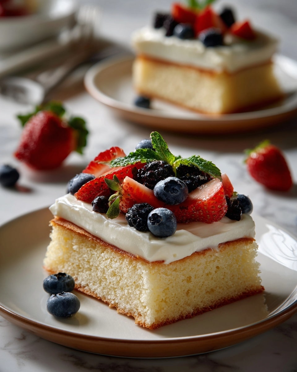 A single square piece of cake sits on a white plate with a thin light brown border, placed on a white marbled surface. The cake has two layers: a thick, spongy pale yellow base and a thick smooth white cream layer on top. The top is decorated with fresh blueberries, blackberries, and sliced strawberries, adding vibrant red, deep blue, and dark purple colors. In the background, another similar piece of cake is slightly out of focus. There are also a few whole strawberries and blueberries scattered on the surface near the plate. Photo taken with an iphone --ar 4:5 --v 7