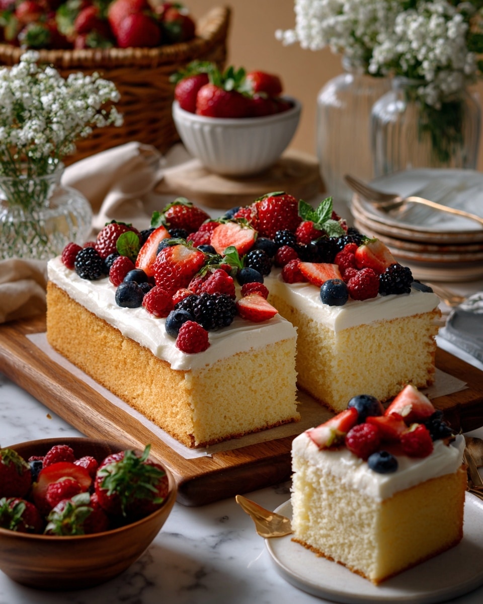 A square cake cut into smaller square pieces is shown, with a thick bottom layer of soft, light beige cake and a thick top layer of smooth white cream. The top is decorated with fresh red strawberry halves, dark blackberries, bright red raspberries, and blue blueberries evenly spread. In front of the cake is a single piece with the same layers and fruit on top. Surrounding the cake are a small wooden bowl filled with strawberries, raspberries, and blueberries, a wooden basket with more mixed berries, a white bowl with strawberries, and small glass vases with white flowers on a white marbled surface. Photo taken with an iphone --ar 4:5 --v 7