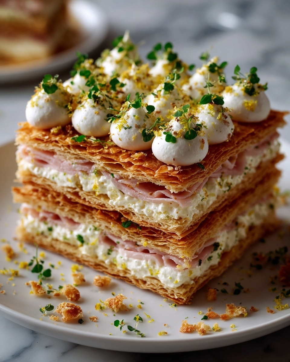 This image shows a three-layer pastry dessert stacked on a white plate with a white marbled background. The bottom layer is a thin, golden flaky pastry. On top of it is a layer of white cream with swirls, followed by thin slices of pinkish ham, then another thin, golden flaky pastry layer. Above this is another thick layer of white cream with swirls, and then another thin golden flaky pastry layer. The top layer is decorated with white dollops of cream piped in pointed peaks, garnished with small green herb sprigs and a few yellow zest shavings scattered around. Crumbs and zest are also visible on the plate around the dessert, adding texture to the scene. photo taken with an iphone --ar 4:5 --v 7