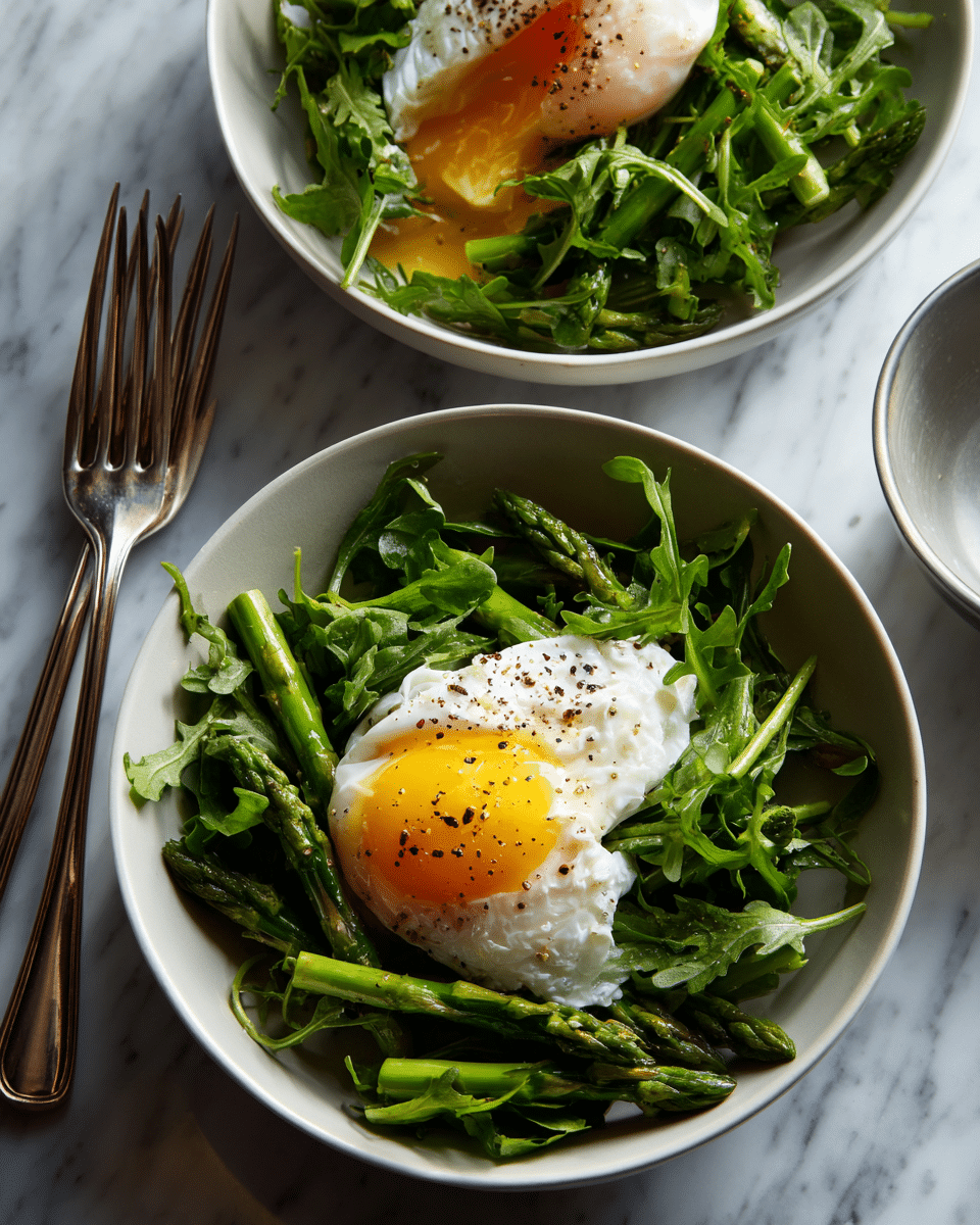 Two white bowls sit on a white marbled surface, each filled with a green salad as the base layer, featuring leafy arugula and bright green asparagus pieces. On top of the greens, there is a single poached egg in each bowl, showing a smooth white outer layer and a golden runny yolk spilling slightly over the sides, speckled with black pepper. Two shiny silver forks rest side by side to the left of the bowls. The overall look is fresh and vibrant, with contrasting green and white colors and a soft-yolk touch in the center of each bowl photo taken with an iphone --ar 4:5 --v 7