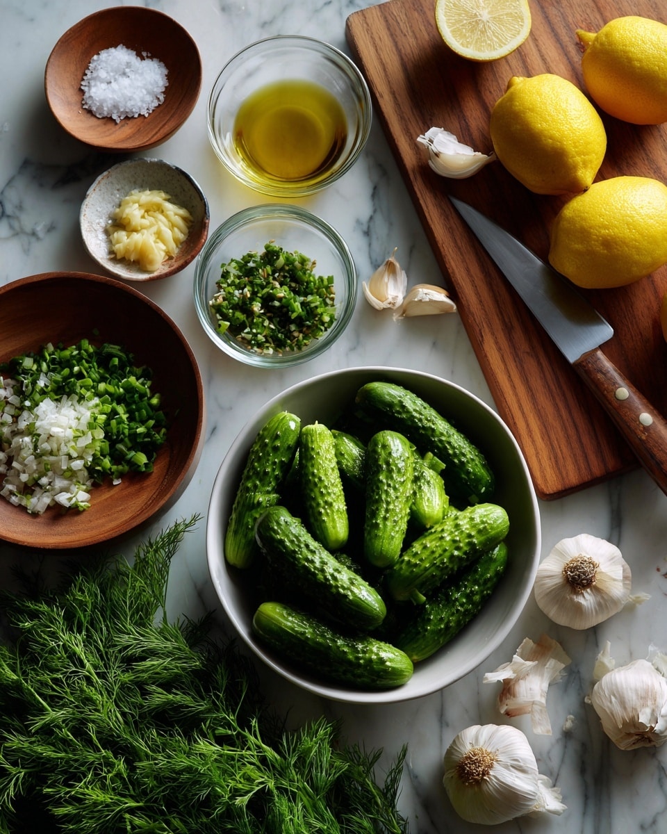 A white bowl filled with bright green mini cucumbers showing a bumpy texture sits on the left side of a white marbled surface. Next to it, small clear glass bowls hold coarse salt, chopped garlic, and chopped green herbs. A larger white bowl containing golden olive oil is also present. A wooden cutting board at the top right holds two yellow lemons, one halved, and a whole white garlic bulb. Near the bottom, two whole garlic bulbs and a fresh bunch of feathery green dill rest on the surface. Additional rustic wooden bowls and a knife with a wooden handle complete the arrangement, all placed on the clean white marbled background. photo taken with an iphone --ar 4:5 --v 7