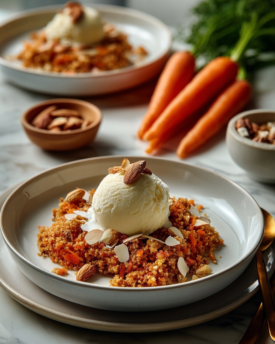 A white plate shows a serving of a crumbly dessert with two visible layers: a bottom layer of soft, moist shredded orange and white chunks mixed with brown crumbly bits, and a top layer with a golden-brown crumb texture. On top of the dessert is a round scoop of smooth, creamy vanilla ice cream in pale white. The plate is set on another larger white plate against a white marbled surface, with a small dish of chopped nuts and two whole orange carrots blurred in the background. Photo taken with an iphone --ar 4:5 --v 7