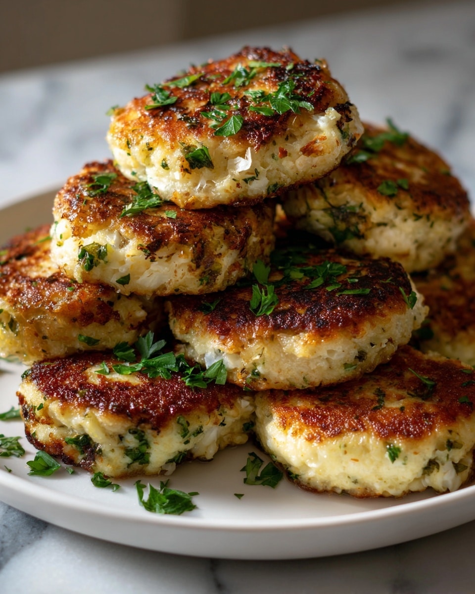 The image shows several golden brown potato pancakes with a crispy texture and cooked shredded potato edges. One pancake in the center has a thick dollop of white sour cream on top, garnished with small green chopped chives. The pancakes are arranged on a white marbled surface, with the light giving a slight shine on the crispy parts. The colors mainly include golden yellow, white, and green from the chives photo taken with an iphone --ar 4:5 --v 7