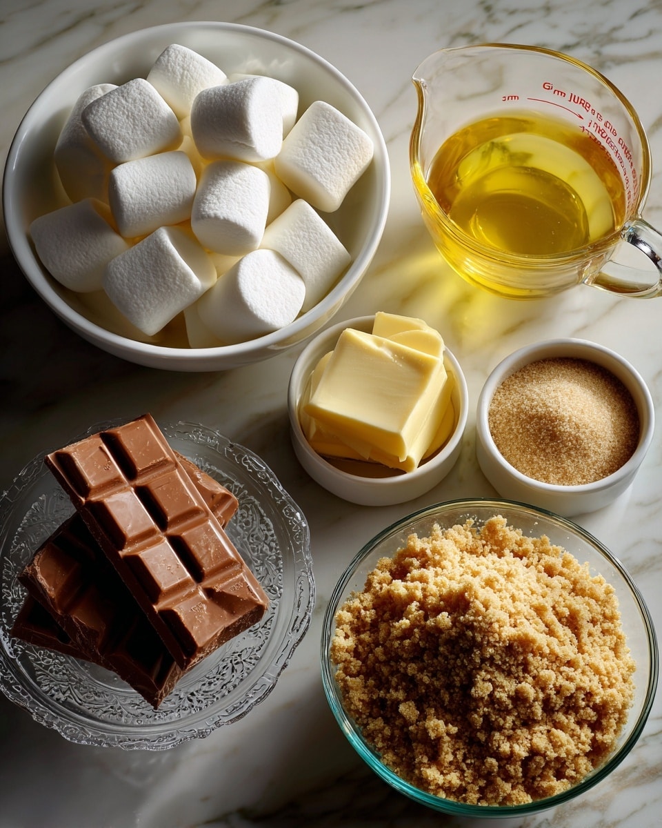 The image shows five different ingredients arranged on a white marbled surface. There is a white bowl filled with large white marshmallows on the top left. To the right, there is a clear glass measuring cup filled with melted yellow butter. Below the marshmallows, there is a small white bowl containing light brown sugar. In the center, a decorative clear bowl holds small rectangular pieces of milk chocolate. At the bottom right, there is a large clear bowl filled with fine, light brown graham cracker crumbs. Each ingredient is clearly labeled with black text. photo taken with an iphone --ar 4:5 --v 7