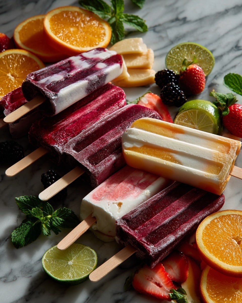 The image shows seven colorful popsicles, each with two or three layers that blend creamy white with bright fruit colors like purple, yellow, red, orange, and pink. The popsicles have wooden sticks and are laid flat on a white marbled surface. Around them, there are slices of lime, orange, lemon, watermelon, strawberry halves, blackberries, peach slices, and fresh green mint leaves evenly spread, creating a fresh and vibrant look. The popsicles have smooth textures with some swirled patterns and visible fruit pieces inside. photo taken with an iphone --ar 4:5 --v 7