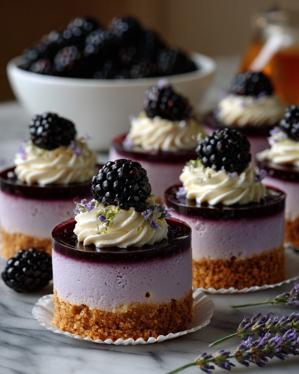 The image shows several mini cheesecakes in white paper cups, each with three layers: a golden crumb crust at the bottom, a thick light purple cheesecake layer in the middle, and a dark purple jelly-like layer topped with light purple whipped cream on top. Each cheesecake is crowned with a shiny black blackberry. A white bowl filled with blackberries is visible in the background on a white marbled surface. Small lavender flowers are scattered lightly around the cheesecakes. photo taken with an iphone --ar 4:5 --v 7