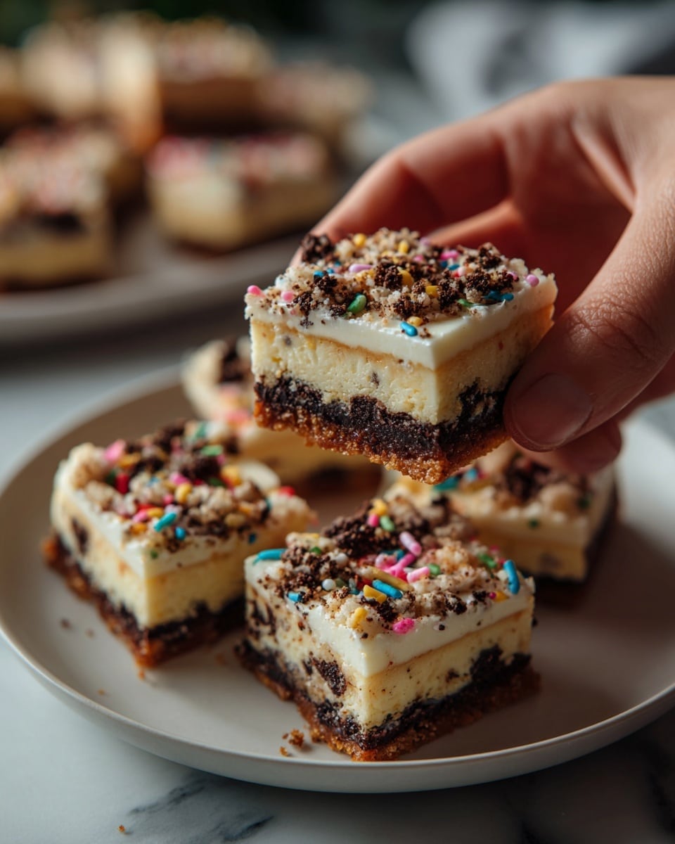 A close-up shot shows a woman's hand holding a small square layered dessert bar with two visible layers: a dark crumbly base that looks like crushed cookies or chocolate, and a thick creamy top layer that is off-white and smooth with colorful small bits mixed throughout. The background holds a white plate with several more bars of the same type placed on a white marbled surface, all with a uniformly creamy top layer and dark base. The drink nails are painted with a white base and decorated with red and green floral designs. photo taken with an iphone --ar 4:5 --v 7