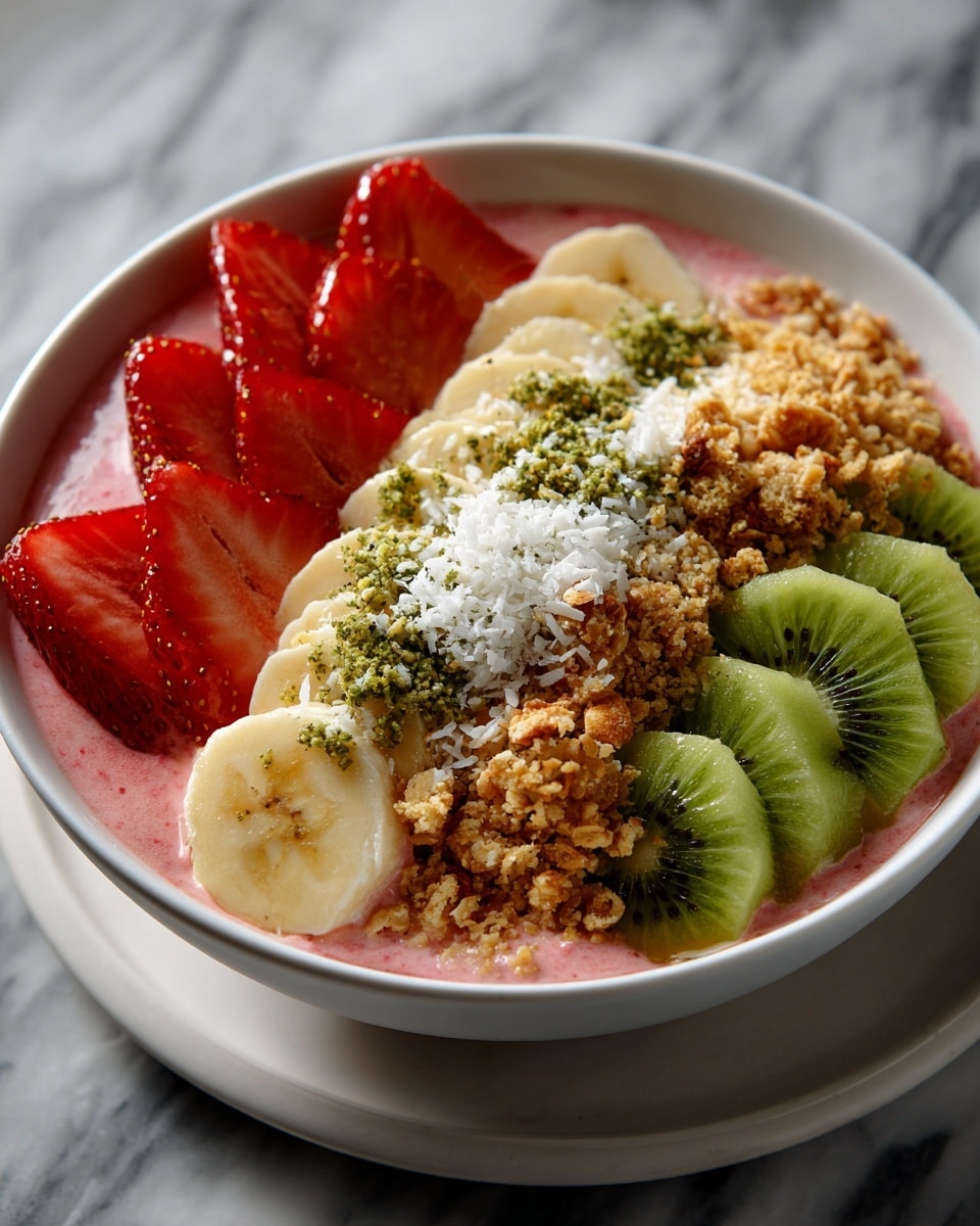 A white bowl filled with a thick pink smoothie base is topped with five layers arranged side by side from left to right: bright red halved strawberries with a smooth texture, pale yellow banana slices with a soft look, a thin line of light golden crunchy granola mixed with white coconut flakes scattered on top, and three circular green kiwi slices with visible black seeds and a fresh shine. The bowl sits on a white marbled surface. photo taken with an iphone --ar 4:5 --v 7