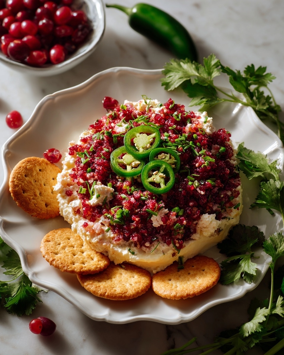 The dish is served in a white, scalloped ceramic plate with a beige rim. The bottom layer is smooth and creamy, white in color, spread evenly across the plate. On top of this layer is a thick mound of finely chopped red and dark pink mixture, which appears textured and moist, covering most of the creamy base. Scattered within the top red layer are thin slices of bright green jalapeño peppers, placed near the center. Around the edge of the plate, some round light golden crackers are partially inserted into the layers. The plate is set on a white marbled surface, with whole green jalapeños and a small dish of honey with a honey dipper partially visible nearby. Photo taken with an iphone --ar 4:5 --v 7