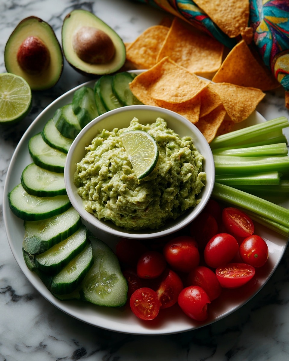 A white plate is filled with four main sections starting from the front with many round green cucumber slices, followed by small red cherry tomatoes on the right, crunchy celery sticks in the top right, and sliced red bell peppers on the top left. In the middle sits a white bowl filled with chunky green guacamole topped with a small lime wedge. Around the plate are extra lime wedges, half and whole avocados, and light yellow tortilla chips. The background is a white marbled texture with a colorful green, blue, and yellow cloth partially visible. Photo taken with an iphone --ar 4:5 --v 7