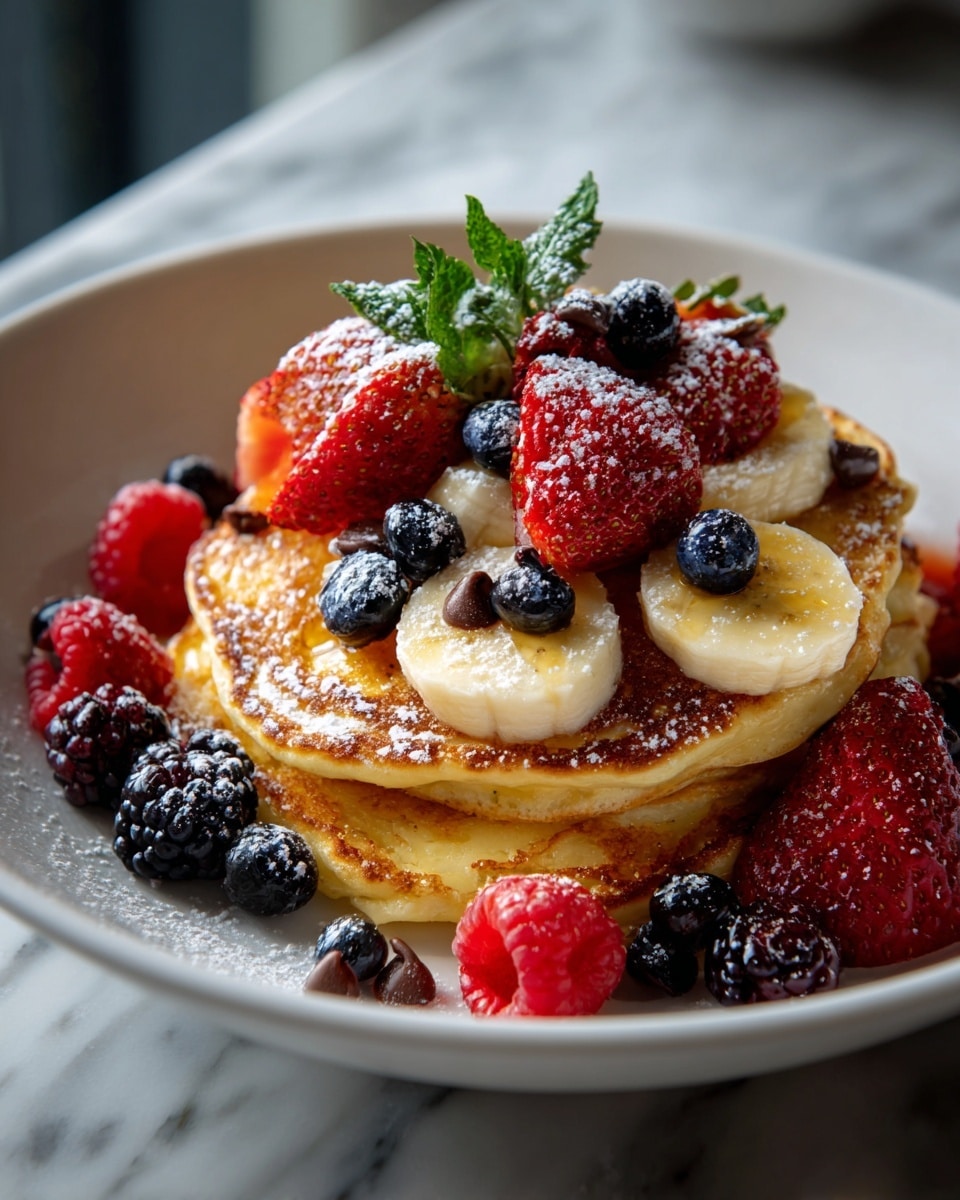 A white bowl filled with a stack of small, thick pancakes that are golden brown on top, arranged closely together covering the bottom. The pancakes are topped with slices of pale yellow banana, bright red raspberries and strawberry pieces, deep blue blueberries, and dark purple blackberries, scattered evenly across. Small chocolate chips are sprinkled among the fruits, and the entire dish is lightly dusted with powdered sugar. The bowl is placed on a white marbled surface. Photo taken with an iphone --ar 4:5 --v 7