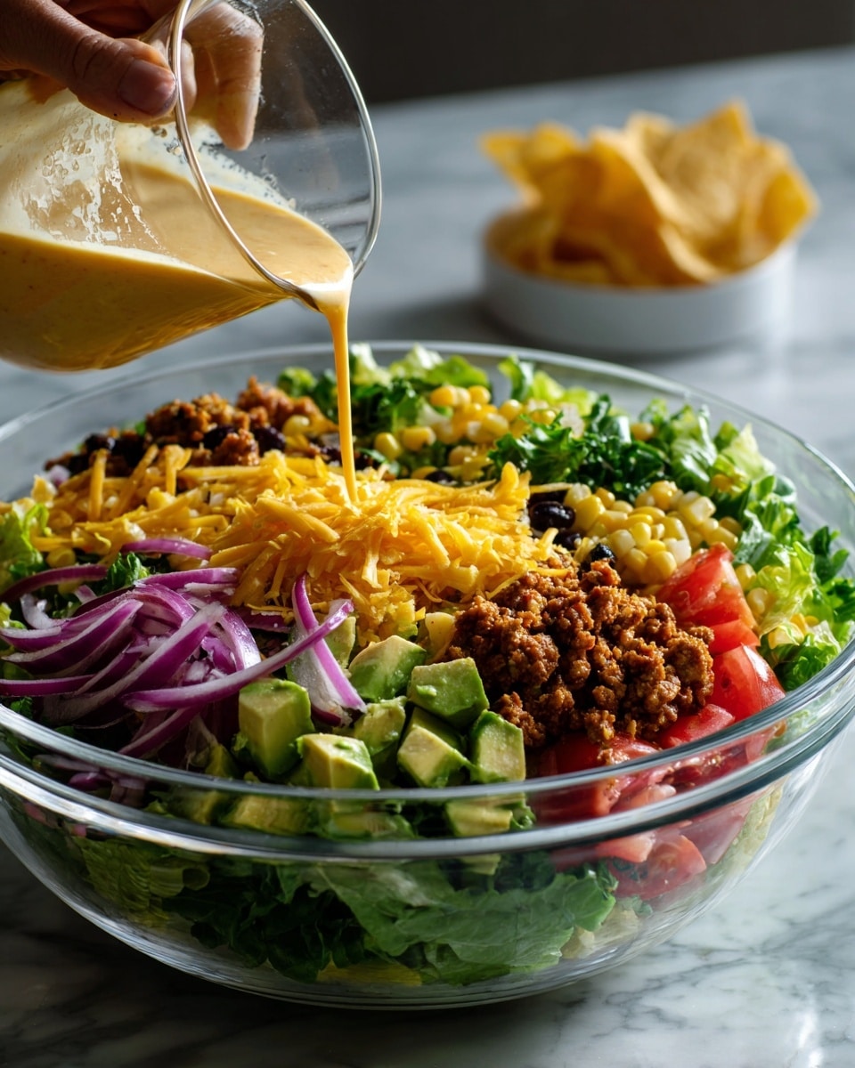 A clear bowl filled with a colorful layered taco salad sits on a white marbled surface. The bottom layer is green lettuce, topped with bright yellow corn, dark red kidney beans, red cherry tomatoes, and sliced red onions. Above that, there is a layer of browned ground meat, with chunks of light green avocado peeking through. At the top, crispy yellow tortilla chips are scattered, and shredded orange cheese is sprinkled all around. Creamy light pink dressing is being poured from a jar onto the salad by a woman's hand. Photo taken with an iphone --ar 4:5 --v 7